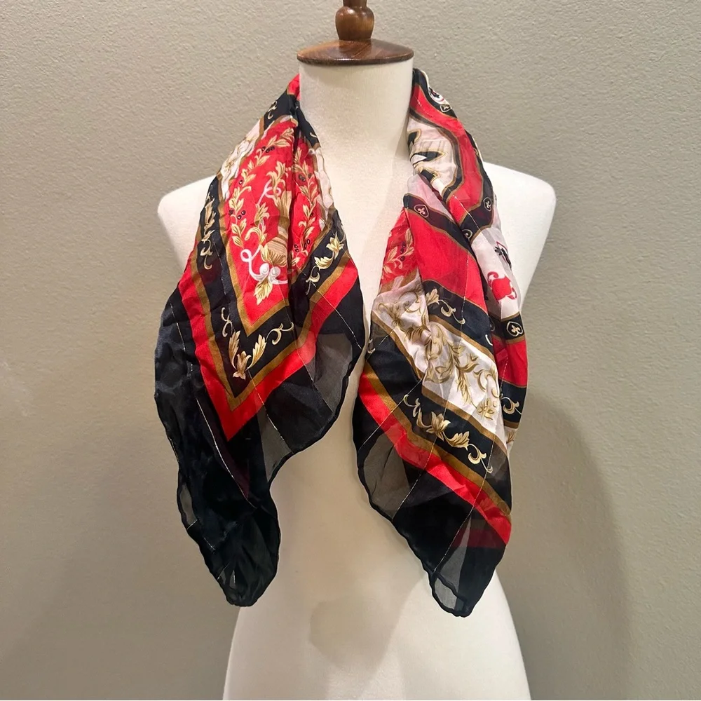 Red and Black Women's Scarf Faux Silk Vintage Chains Gold Fall Neck